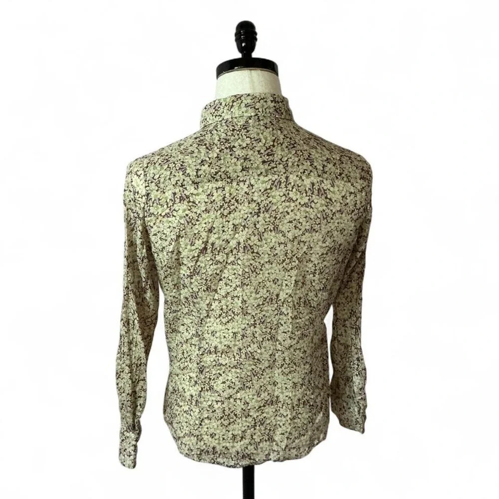 Floral‎ Button Up Shirt Cream Brown Purple Print Long Sleeve Cotton Casual